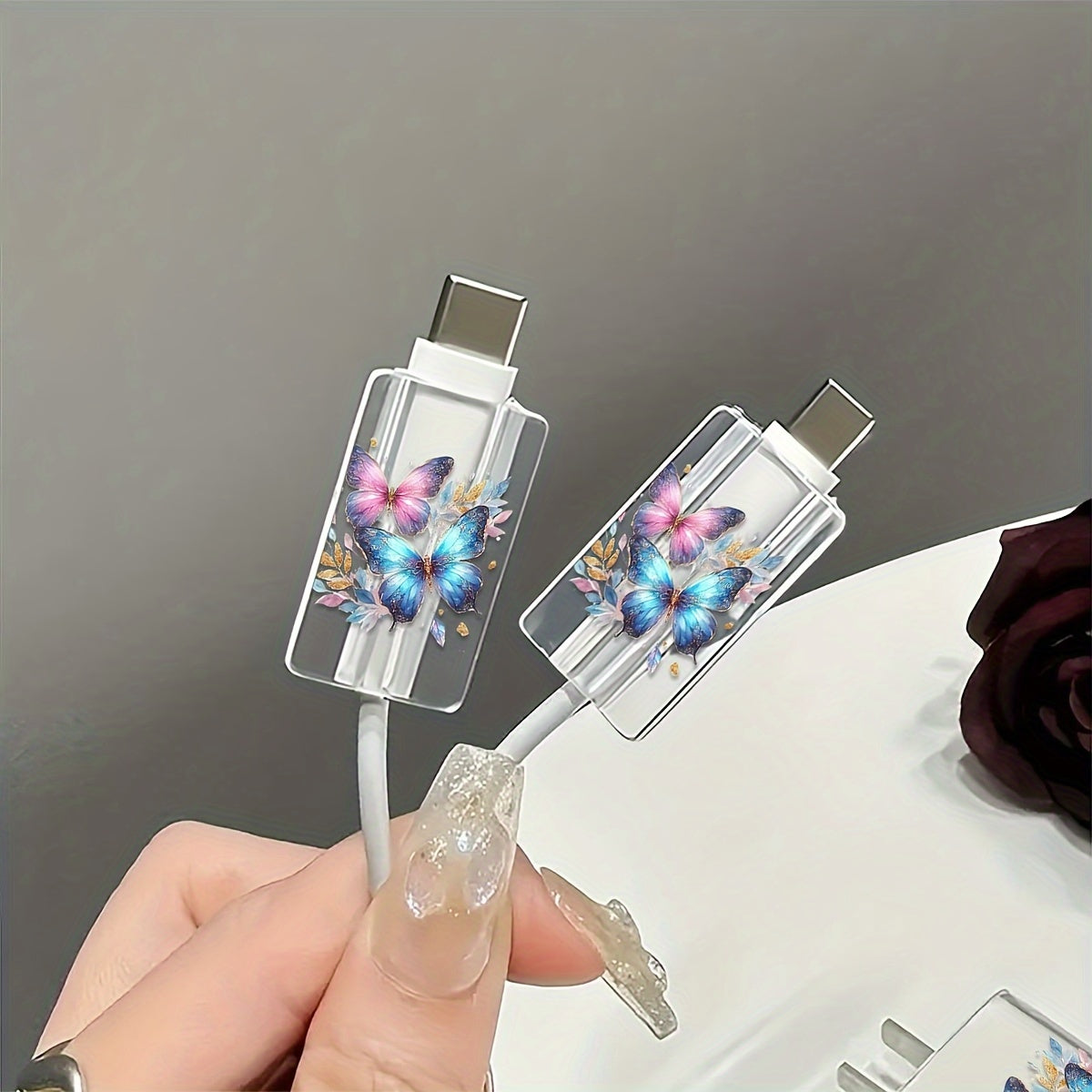 3pcs Colorful Butterfly Pattern Transparent TPU Charger Protector Set for iPhone - Includes 18W/20W Adapter & Cable Head Covers, Durable and Stylish Protection