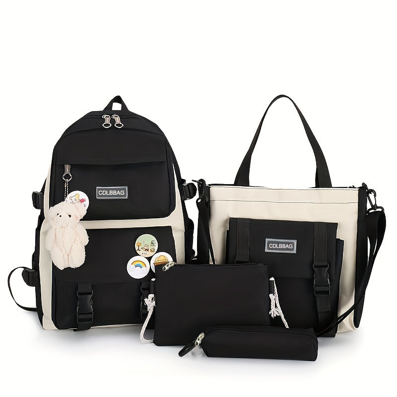 4pcs/set Simple Casual Backpack Large Capacity School Bag Travel Bag Canvas Shoulder Bag For Students