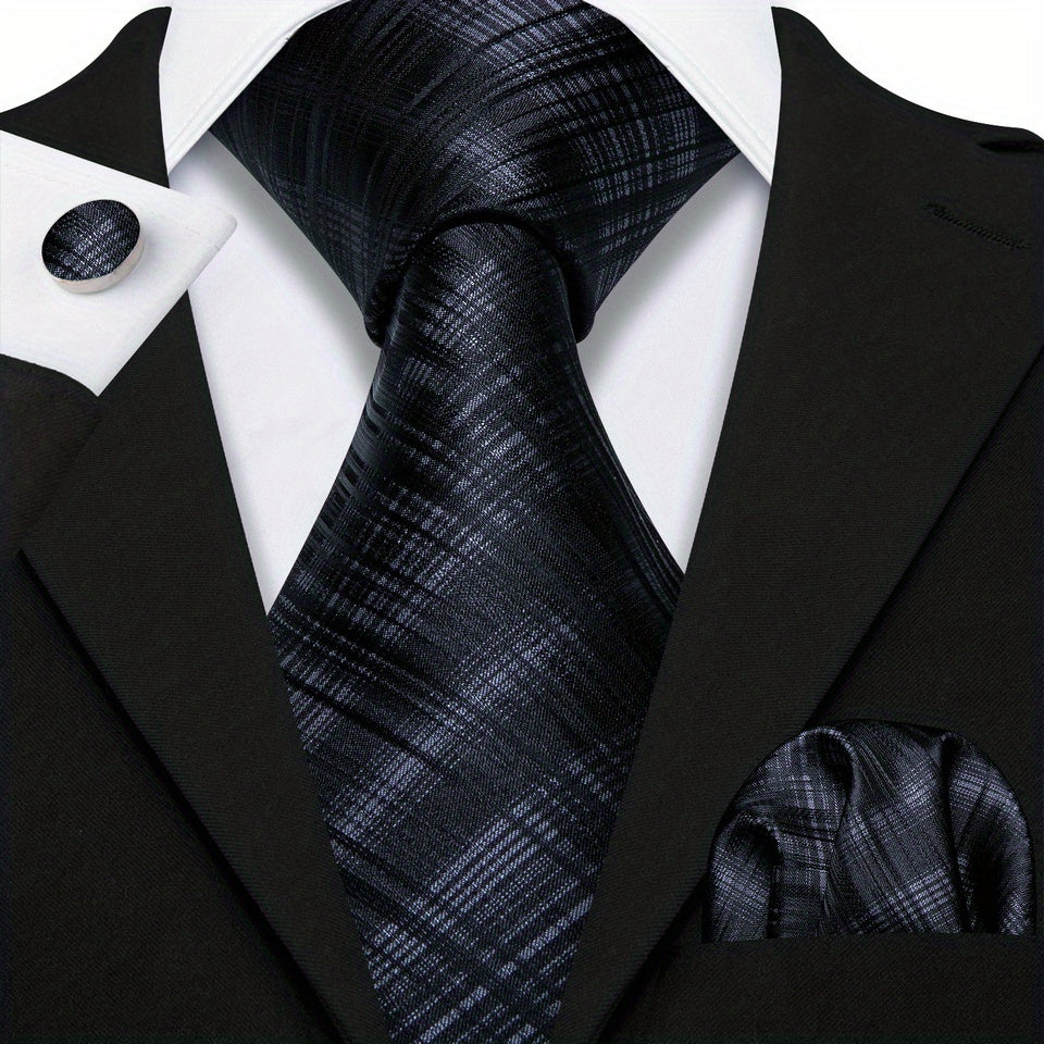 Black Plaid Jacquard Tie Cufflinks Pocket Square Towel Set For Men