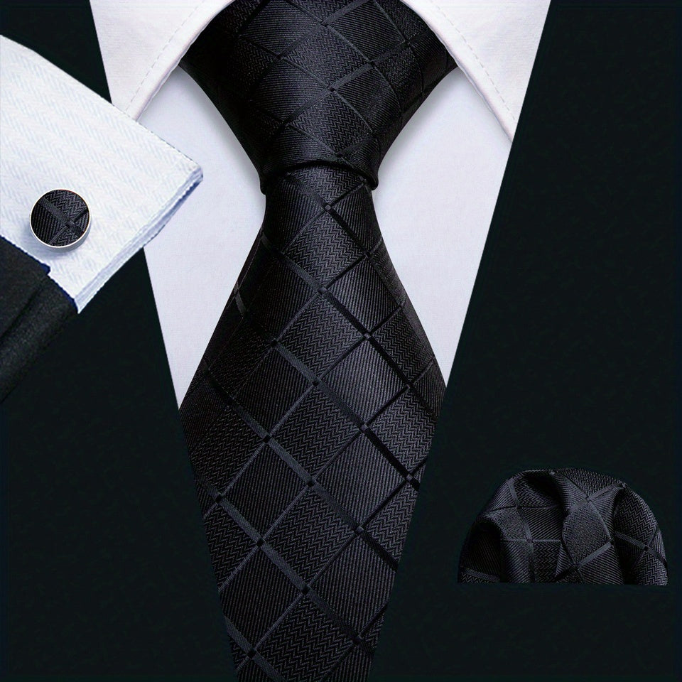 Black Plaid Jacquard Tie Cufflinks Pocket Square Towel Set For Men