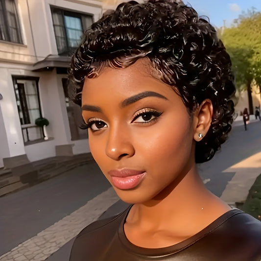 Elegant Pixie Cut Wig for Women - Natural Black, Kinky Curly Brazilian Human Hair, Glueless with Rose Net Cap, 150% Density