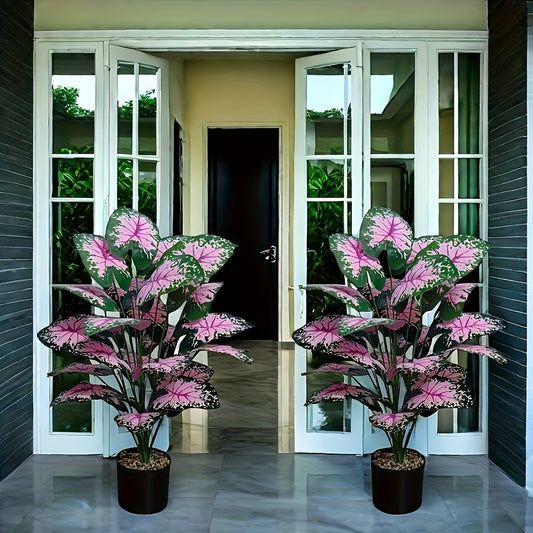 2pcs Large Artificial Montenegro Plants - Evergreen Plastic Indoor/Outdoor Decor with Vibrant Pink Flowers & Green Leaves, No Maintenance Fake Plants for Home Office Wedding Christmas Easter Thanksgiving Hanukkah, Floor Decor (No Pot Included), Artificial