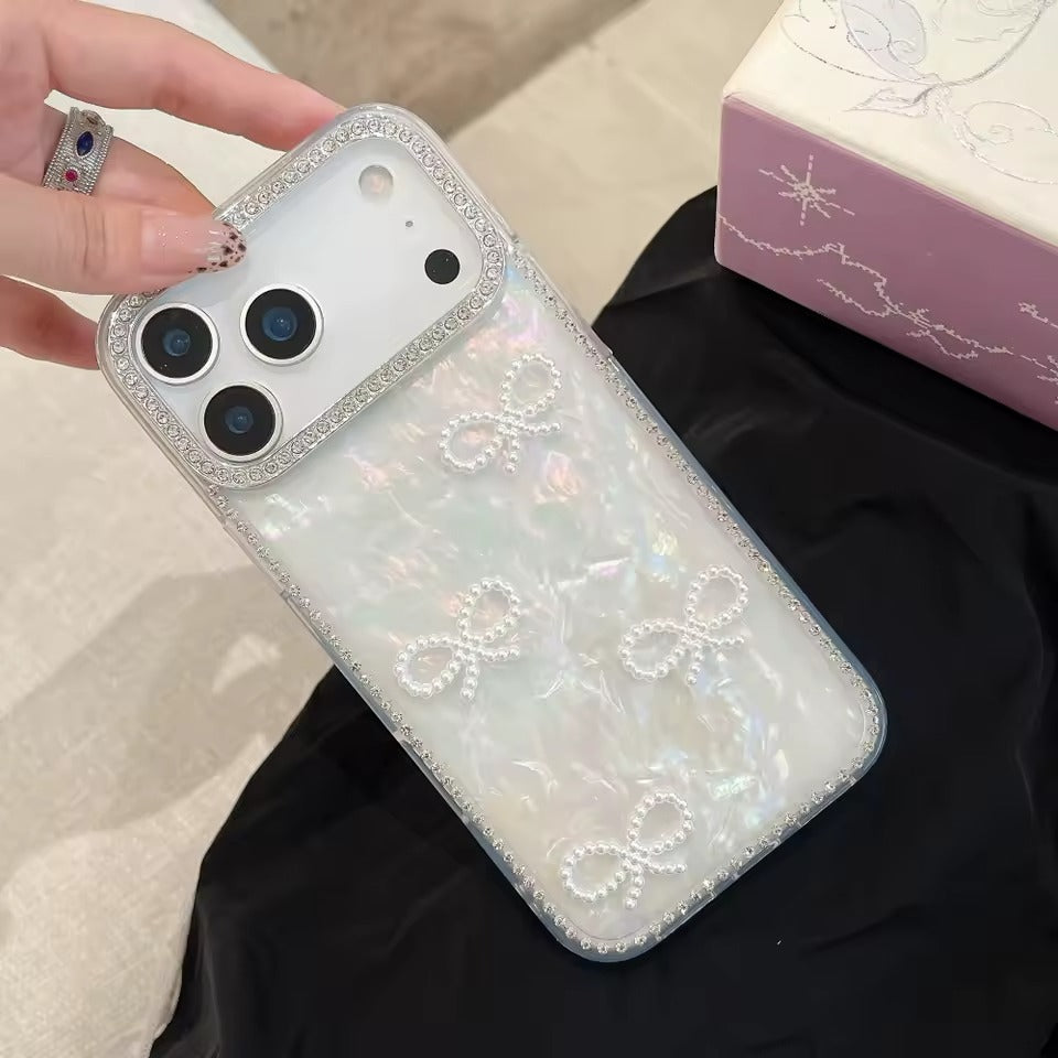 Luxury 3D Pearl Bow Bling Diamond  Phone Case For iPhone 17  Pro Max Girly Aurora Laser Acrylic Cover - AX