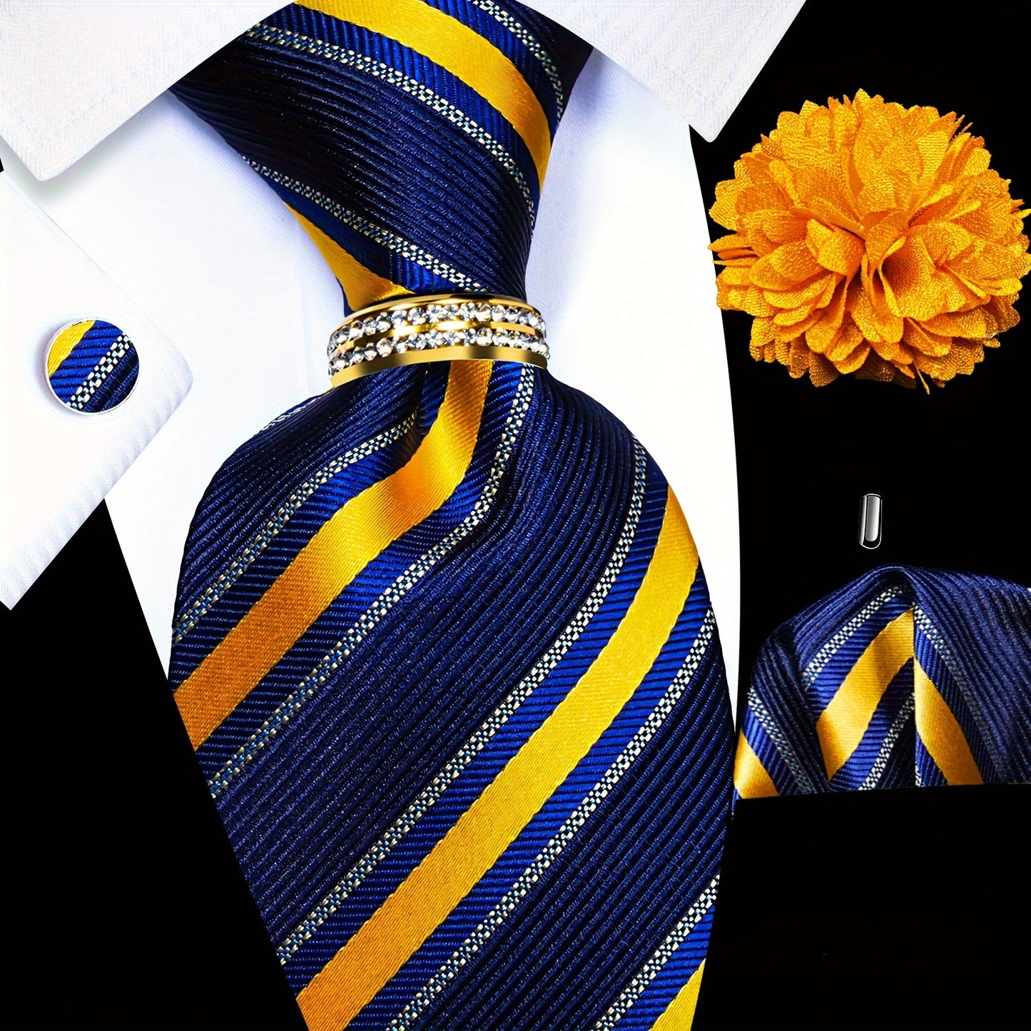 5PCS Men's Luxury Tie Set with Pocket Square, Cufflinks, Drilled Tie Ring, and Lapel Pin