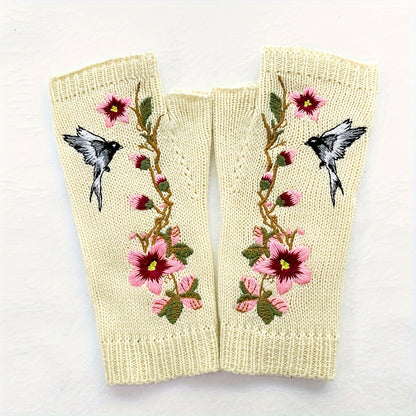 1 Pair of Elegant Women's Fingerless Knit Gloves with Floral & Bird Embroidery - Stretchy, Warm Decorative Beige Gloves for Spring & Autumn, Hand-Washable