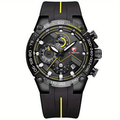 CHEETAH Luxury Quartz Sports Watch With Big Dial Chronograph And Auto Date Silicone Watchband For Men, Ideal choice for Gifts