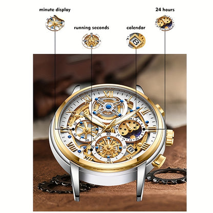 Noble Luxury Business men's Watch Stainless Steel Strap. Fashion Creative Gear Dial Luminous Calendar Quartz Watches. Suitable for family gatherings as gifts