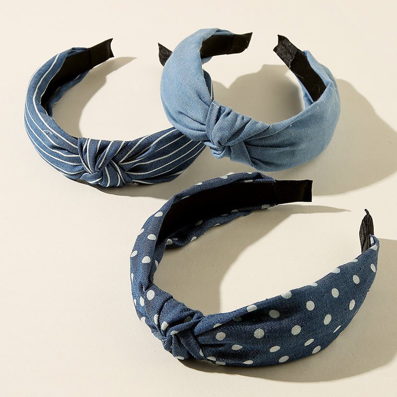 3pcs Denim Striped Dot Headband Women's Fashion Simple Blue Hair Accessories - buythingsusa