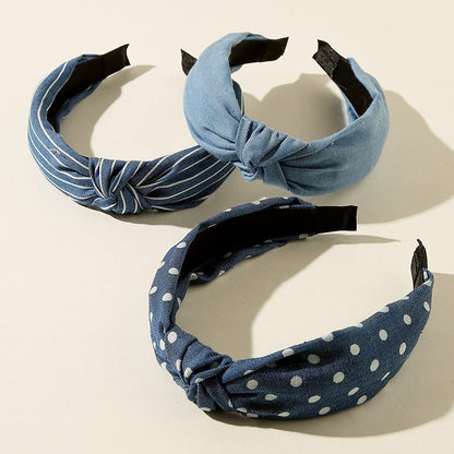 3pcs Denim Striped Dot Headband Women's Fashion Simple Blue Hair Accessories - buythingsusa