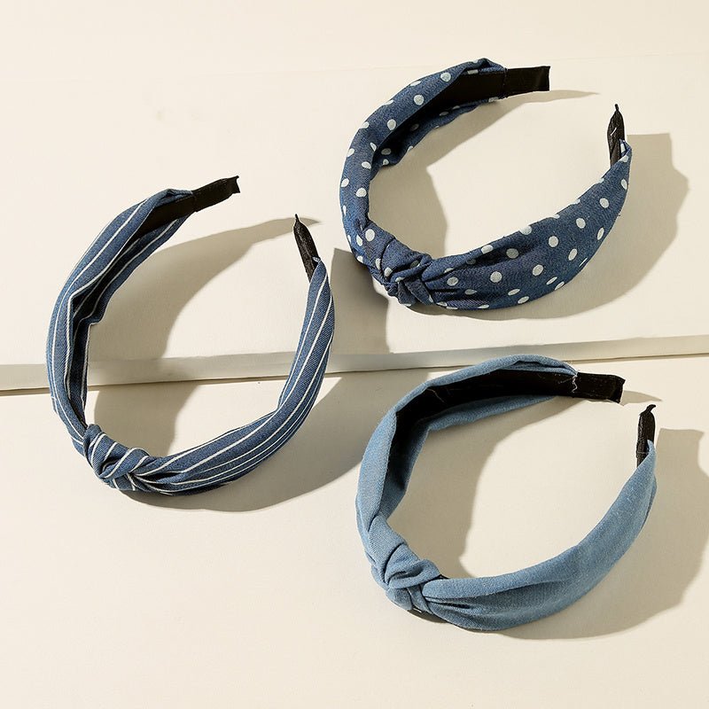 3pcs Denim Striped Dot Headband Women's Fashion Simple Blue Hair Accessories - buythingsusa