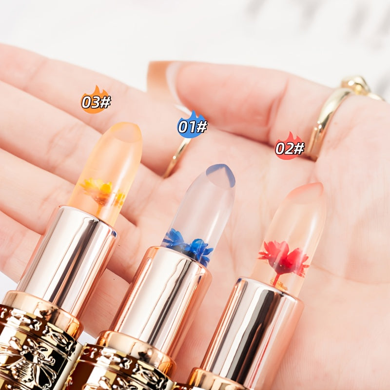 3pcs Flower-Shaped Crystal Gel Lipstick Set - Color Changing with Temperature, Moisturizing & Non-Sticky, 3 Shades, Long-Lasting Hydration