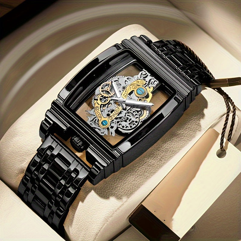 Elegant Men's Golden-Tone Tonneau Watch with Intricate Mechanical Design - Stainless Steel, Luminous Hands & Date Display, Stopwatch Function, Water-Resistant