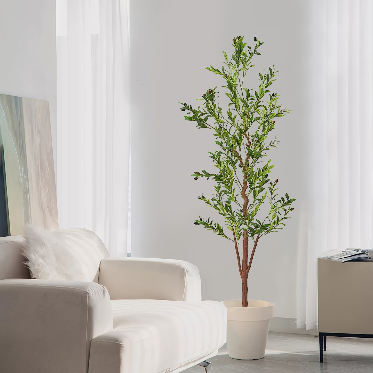 Artificial Olive Tree - Fake Faux Olive Tree With Natural Wood Trunk And Realistic Leaves And Fruits - For Indoor Decor - Modern Home Office Living Room - Perfect Gift for Housewarming