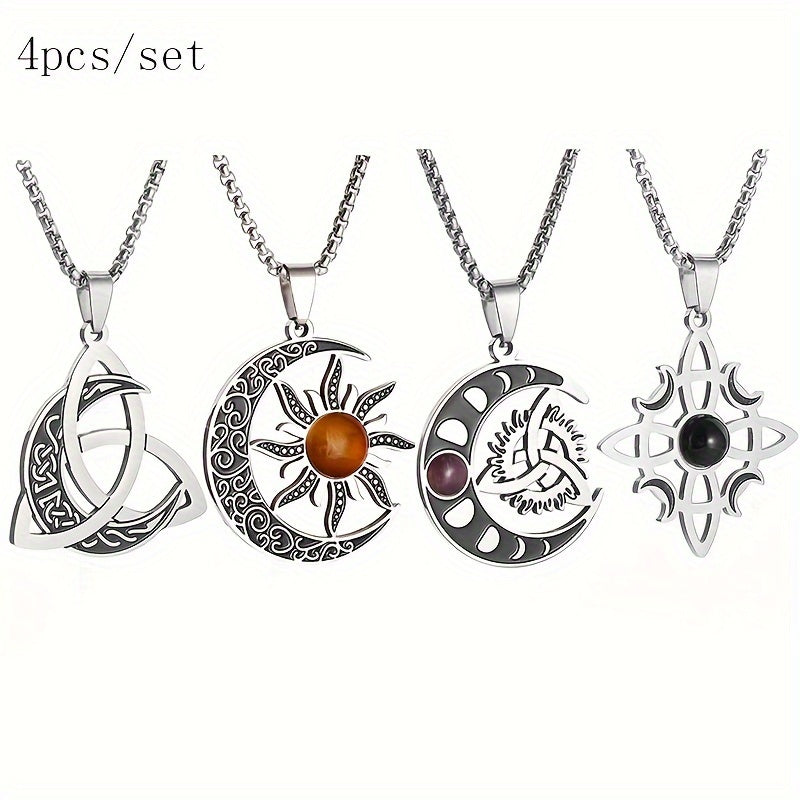 4pcs/set Irish Trinity Knot Celtic Moon Necklace for Men Women Stainless Steel Vintage Triquetra Lucky Amulet Jewelry