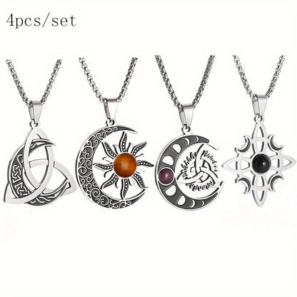 4pcs/set Irish Trinity Knot Celtic Moon Necklace for Men Women Stainless Steel Vintage Triquetra Lucky Amulet Jewelry