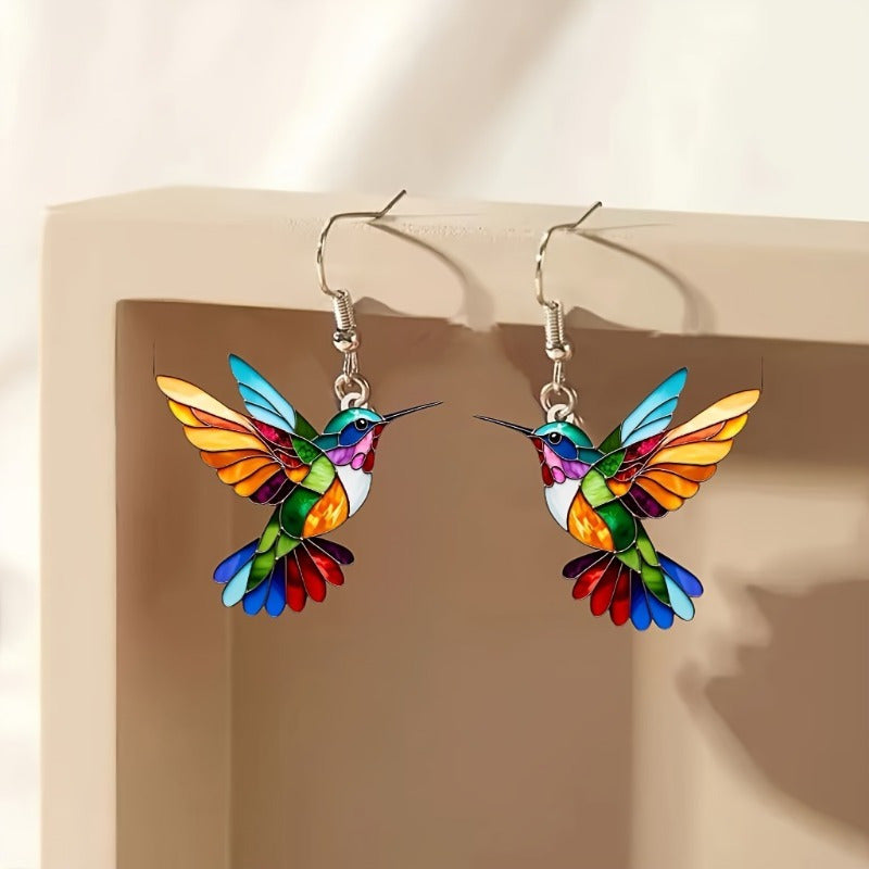 Charming Acrylic Hummingbird Dangle Earrings - Colorful, Lightweight & Hypoallergenic Stainless Steel Posts for Casual Attire or Gifting