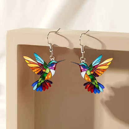 Charming Acrylic Hummingbird Dangle Earrings - Colorful, Lightweight & Hypoallergenic Stainless Steel Posts for Casual Attire or Gifting