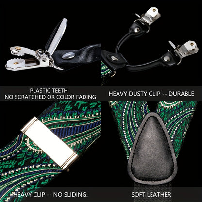 Men Jacquard Adjustable 6 Clips Suspender Neckties Pocket Square Cufflinks