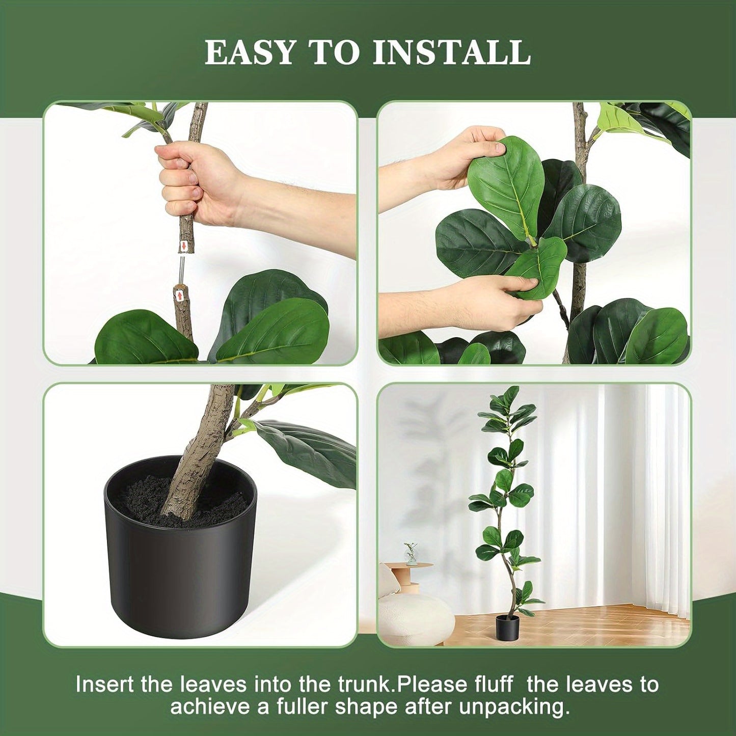Artificial Fiddle Leaf Fig Tree, Fake Plant with White Planter and Natural Wood Trunk for Home or Office Decor - Artificial Plants Indoor