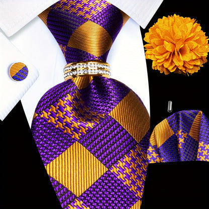 5PCS Men's Luxury Tie Set with Pocket Square, Cufflinks, Drilled Tie Ring, and Lapel Pin