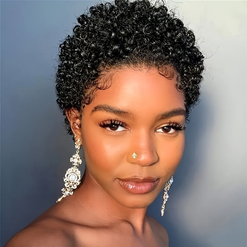 Elegant Pixie Cut Wig for Women - Natural Black, Kinky Curly Brazilian Human Hair, Glueless with Rose Net Cap, 150% Density