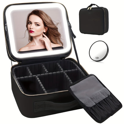 LED Lighted Travel Makeup Train Case Cosmetic Bag Organizer with Mirror and Adjustable Divider Brush Board