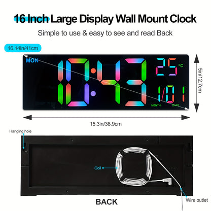1pc Digital Wall Clock - 16-Inch LED Display, Remote Control, Dual Alarm.