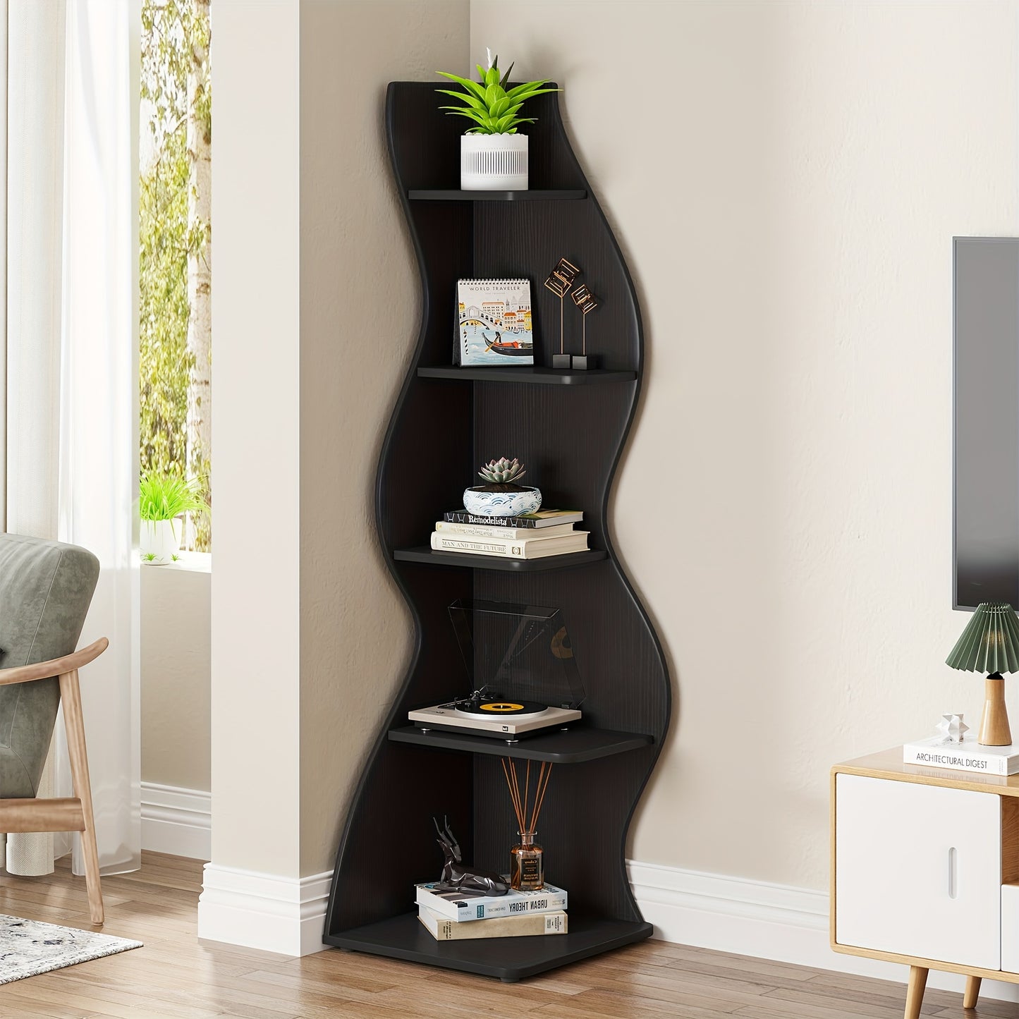 LITTLE TREE Corner Shelf, Modern 5-Tier Wall Corner Bookshelf, Corner Bookcase for Small Spaces