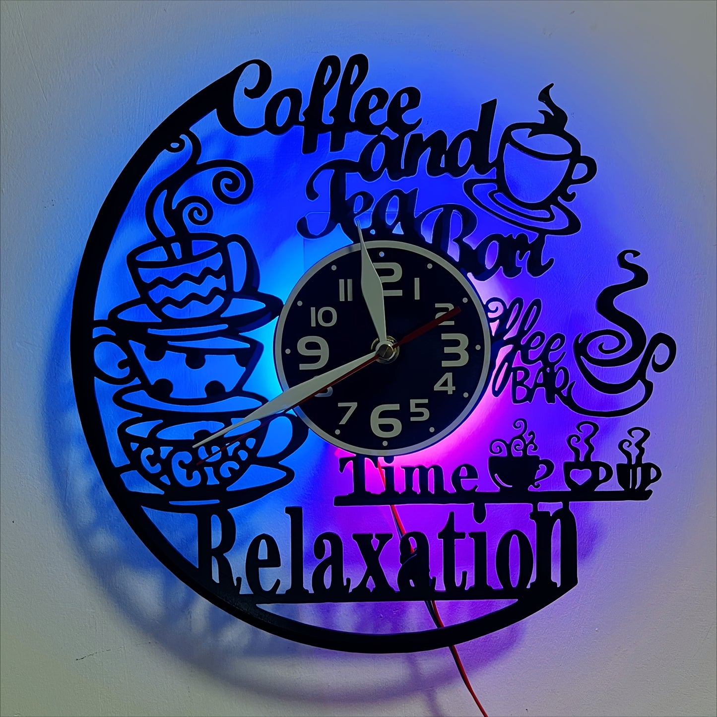 Vinyl Coffee and Tea Bar Themed Wall Clock - Silent, Glowing LED Lights..
