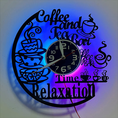 Vinyl Coffee and Tea Bar Themed Wall Clock - Silent, Glowing LED Lights..