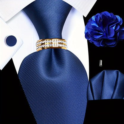 5PCS Men's Luxury Tie Set with Pocket Square, Cufflinks, Drilled Tie Ring, and Lapel Pin
