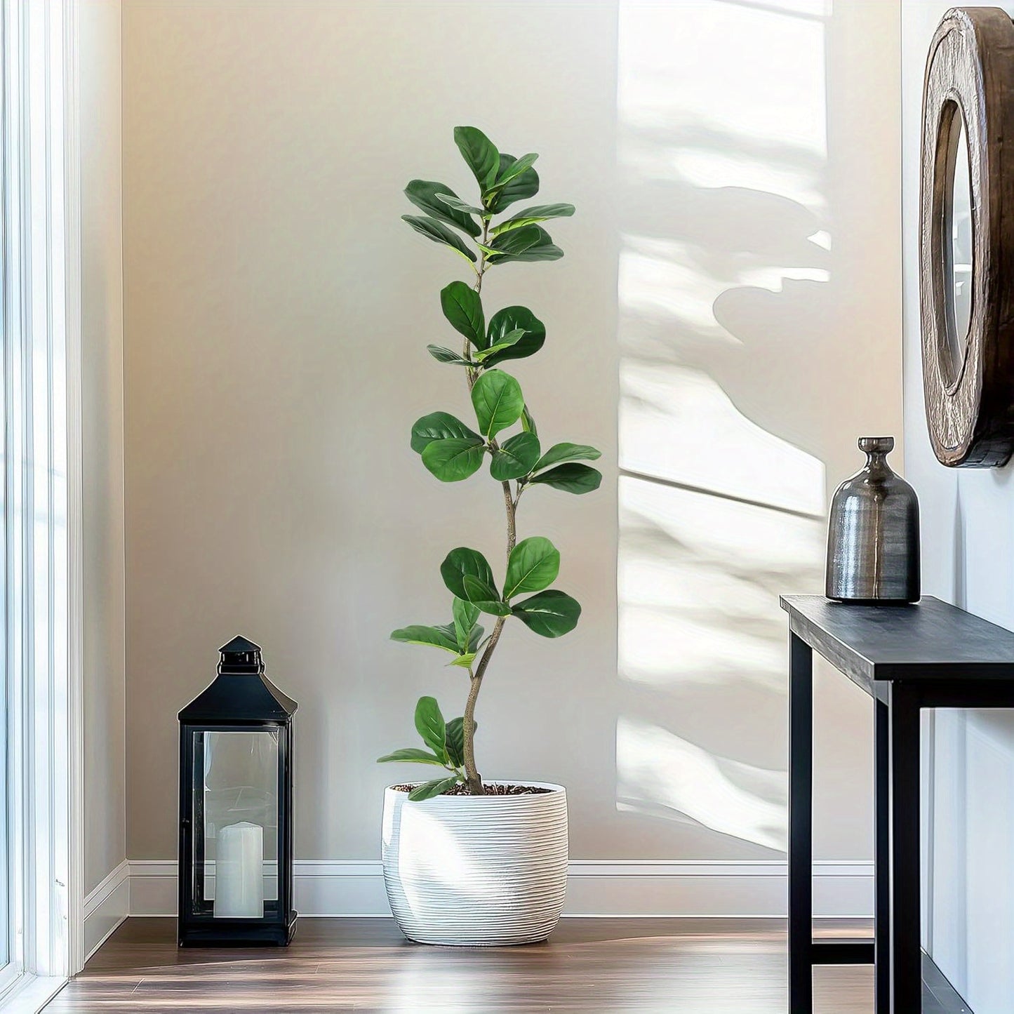 Artificial Fiddle Leaf Fig Tree, Fake Plant with White Planter and Natural Wood Trunk for Home or Office Decor - Artificial Plants Indoor