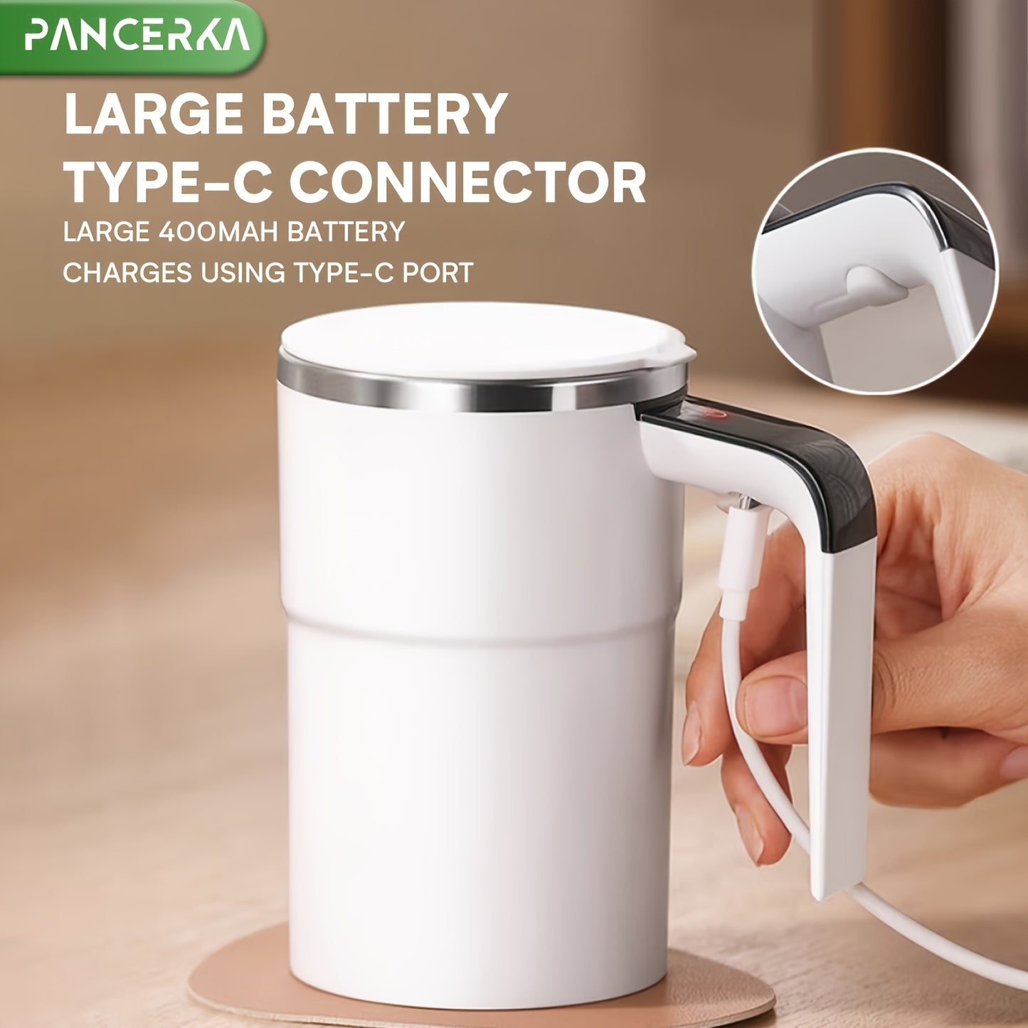 PANCERKA Rechargeable Self-Stirring Coffee Mug with Temperature Display - USB Charging, Sealed Travel Tumbler for Milk, Chocolate, Mocha