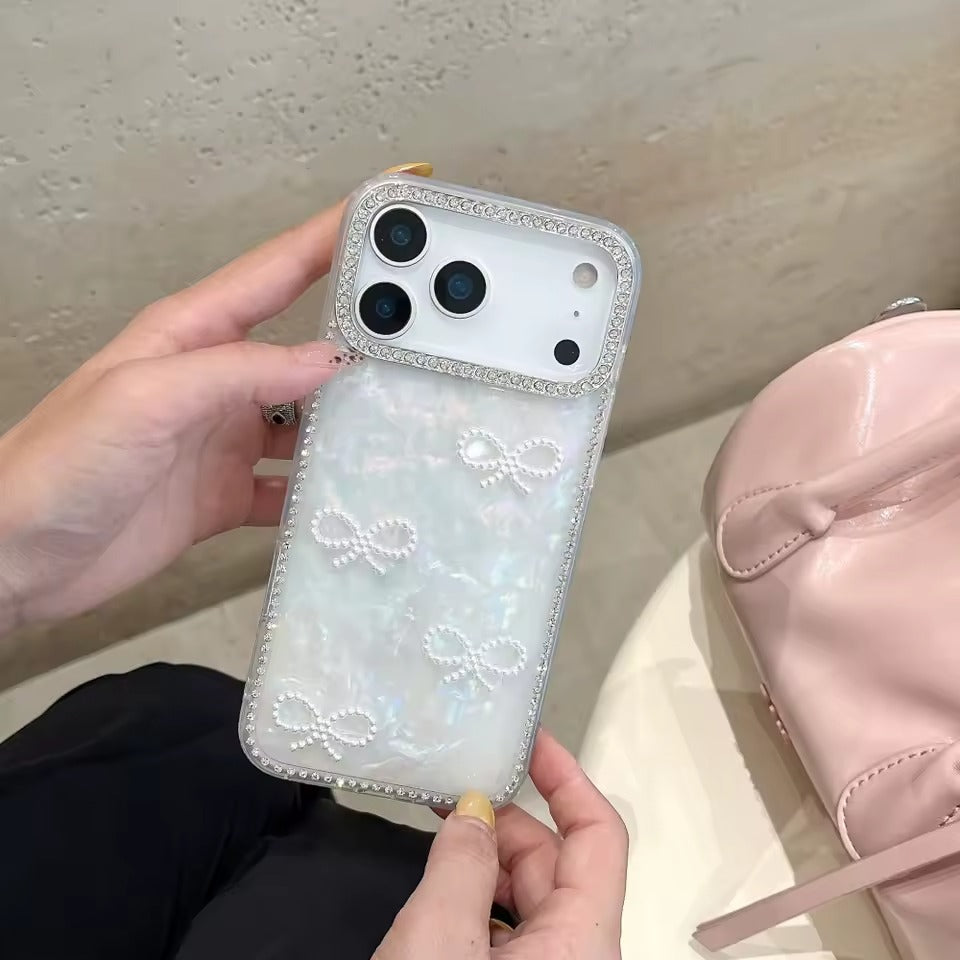 Luxury 3D Pearl Bow Bling Diamond  Phone Case For iPhone 17  Pro Max Girly Aurora Laser Acrylic Cover - AX