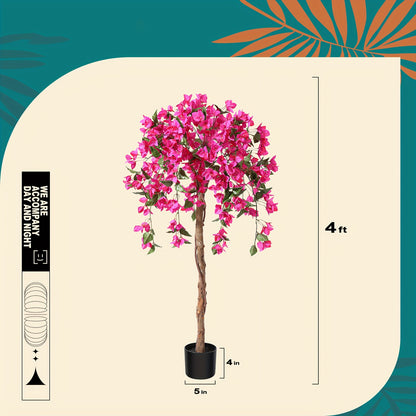 Artificial Bougainvillea Flowers Tree - 4FT/5FT Faux Potted Plants With Wood Trunk And Pink Flowers - For Housewarming Decor - Perfect Gift for Home & Garden Lovers