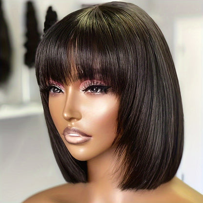 Straight Short Bob Wig With Bangs 100% Human Hair Full Machine Made Bob Wigs Glueless Straight Wigs For Women 180%