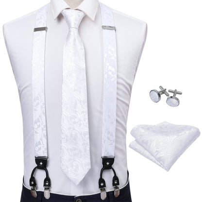 Men Jacquard Adjustable 6 Clips Suspender Neckties Pocket Square Cufflinks