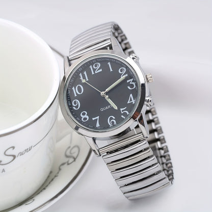 Elegant Women's Quartz Watch - Luminous Hands, Large White Dial with Date Display, Adjustable Stainless Steel Stretch Band, Zinc Alloy Case - Perfect for Parties