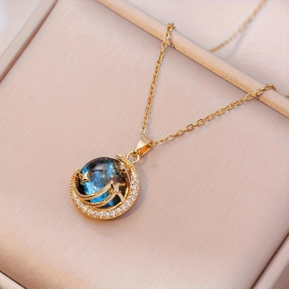 Fashion Trend Jewelry Blue Planet Star and Moon Pendant Necklace - Two-Dimensional Style Micro-Encrusted Rhinestone - For Girls & Women - Perfect Gift for Birthday, Anniversary, or Special Occasions