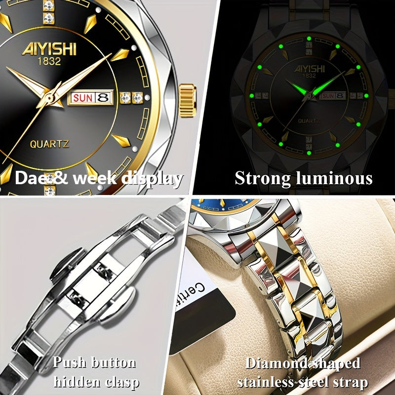 AIYISHI Ladies Business Casual Quartz Watch Waterproof Fashion Date Dial Luxury ARhinestone Analog Steel Strap Watch, Suitable For Halloween, Travel Dating Daily Wear