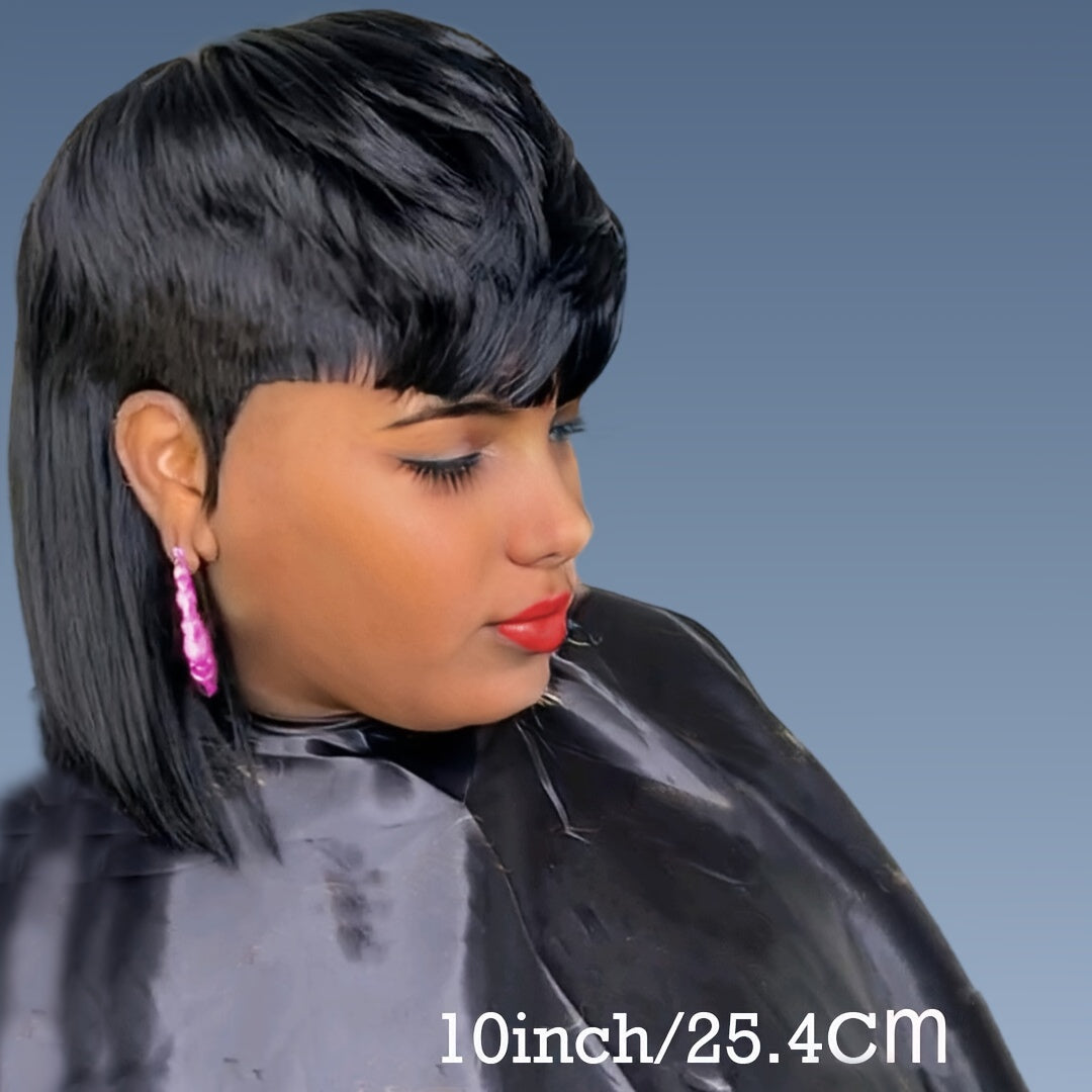 Elegant 10-inch Short Bob Wig for Women, 150% Density Virgin Human Hair, Rose Net Cap, Glueless Layered Wolfcut Style, Straight Hair with Bangs, 10A Grade, for Daily Wear