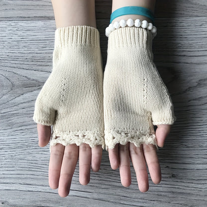 Handmade Flower Embroidered Gloves Women's Fingerless Knit Gloves Autumn Winter Coldproof WritingGloves
