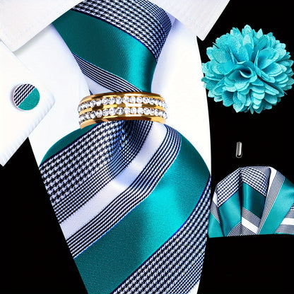 5PCS Men's Luxury Tie Set with Pocket Square, Cufflinks, Drilled Tie Ring, and Lapel Pin