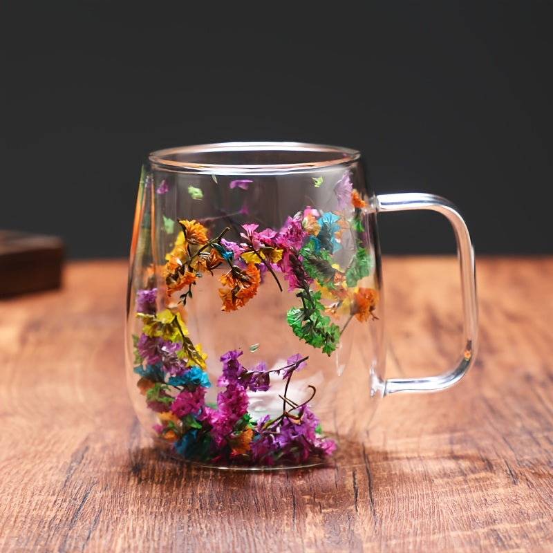 Real Flower Dry Flower Double-Layer High Borosilicate Glass Cup - Perfect for Office, Bar, or Home - Hand Wash Only - Insulated - Adult Use - Floral Design - Reusable - 250ml Capacity