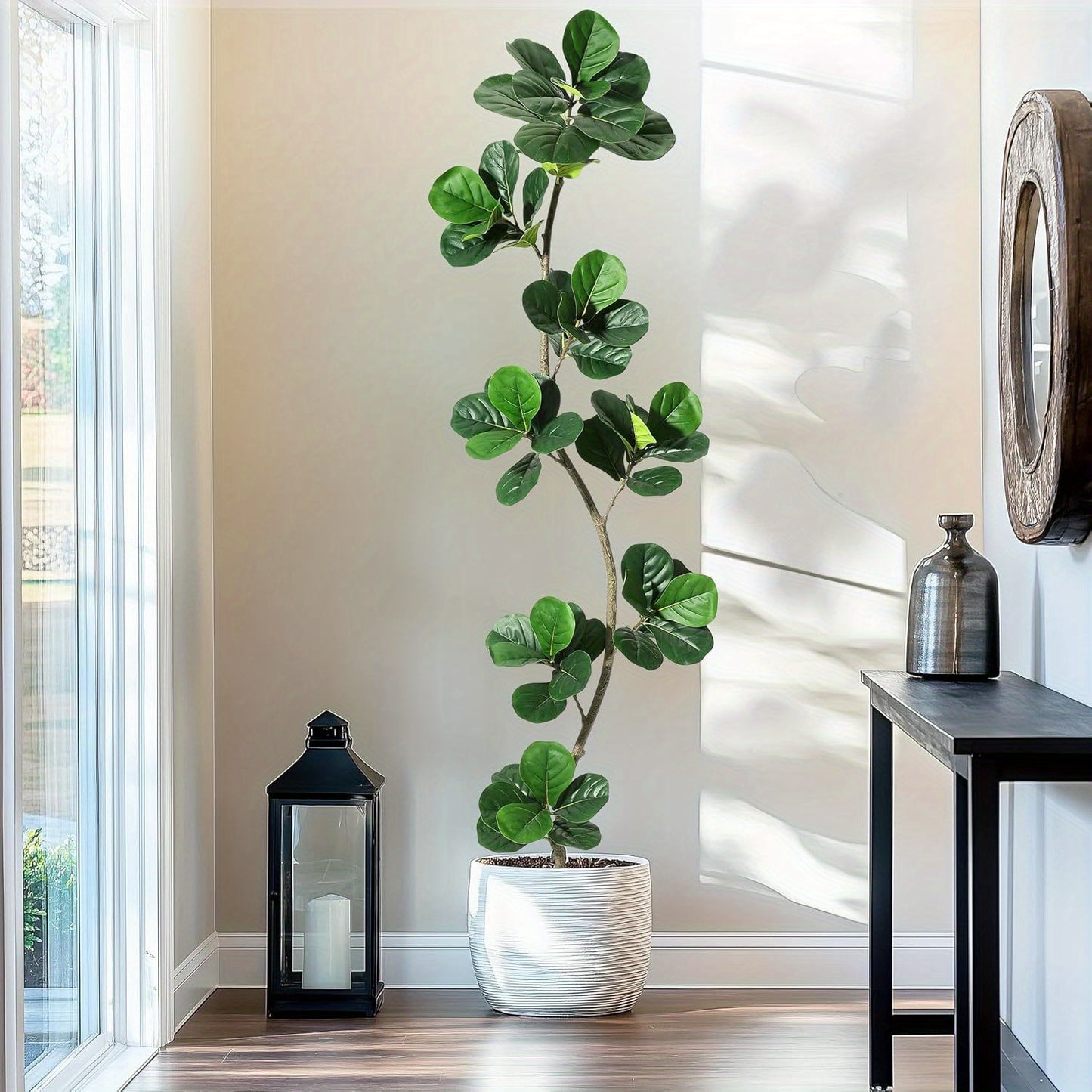 Artificial Fiddle Leaf Fig Tree, Fake Plant with White Planter and Natural Wood Trunk for Home or Office Decor - Artificial Plants Indoor