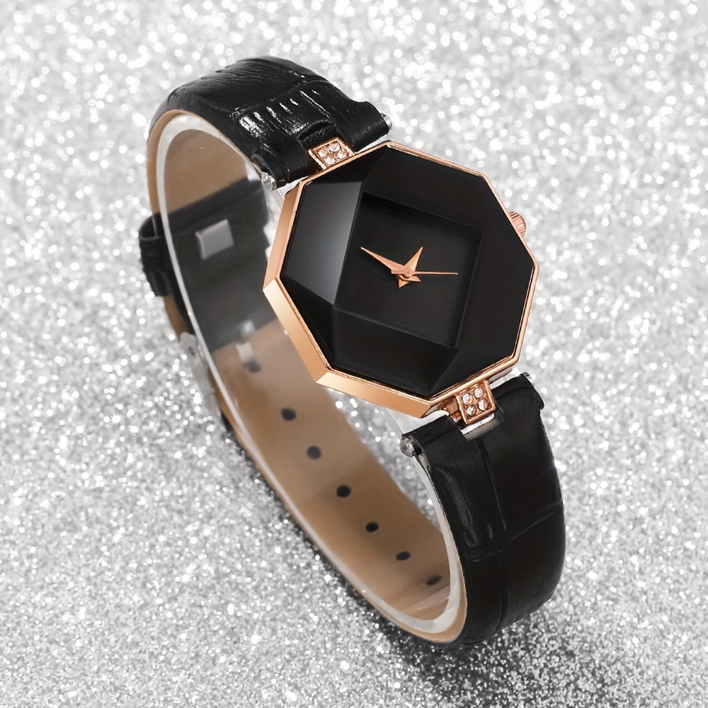 2pcs/set Fashionable Personalized Polygonal Women's Quartz Watch, Eye-Catching Black Design, Zinc Alloy Case, Soft Leather Strap And Heart-Shaped Bracelet, Ideal Gift For Mothers Or Girlfriends On Mother's Day, Valentine's Day, Ramadan, And Birthdays