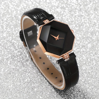 2pcs/set Fashionable Personalized Polygonal Women's Quartz Watch, Eye-Catching Black Design, Zinc Alloy Case, Soft Leather Strap And Heart-Shaped Bracelet, Ideal Gift For Mothers Or Girlfriends On Mother's Day, Valentine's Day, Ramadan, And Birthdays