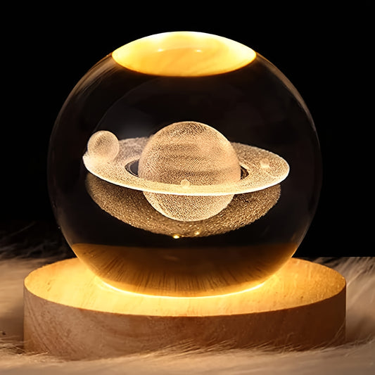 1pc Small 3D Saturn System Crystal Ball with Wooden Base, Planet Saturn Night Light for Home Decoration, Gift for Astronomy Lovers Educational Space Model 2.36 Inch