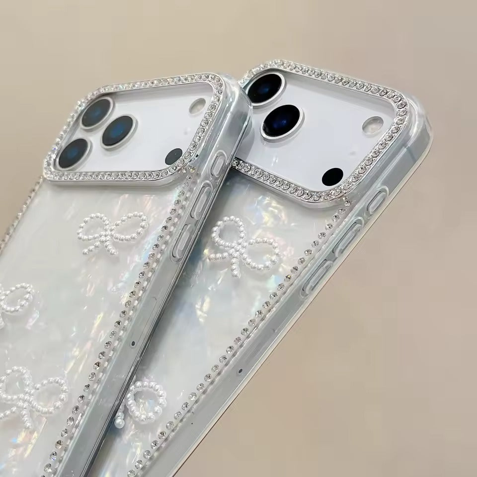 Luxury 3D Pearl Bow Bling Diamond  Phone Case For iPhone 17  Pro Max Girly Aurora Laser Acrylic Cover - AX