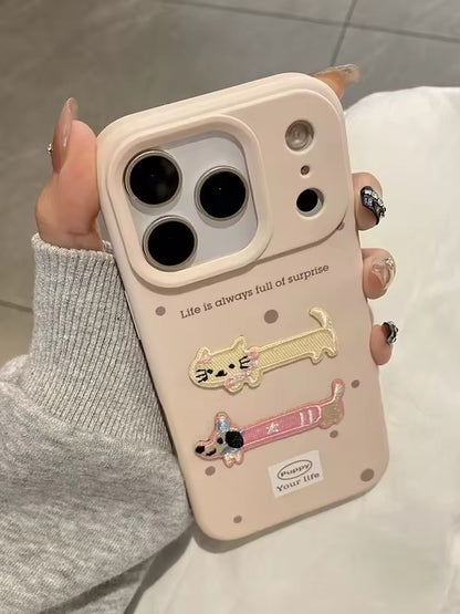 Cartoon Cute Embroidered Puppy Cat Phone Case For iPhone 17 Pro Max  Back Cover - AX